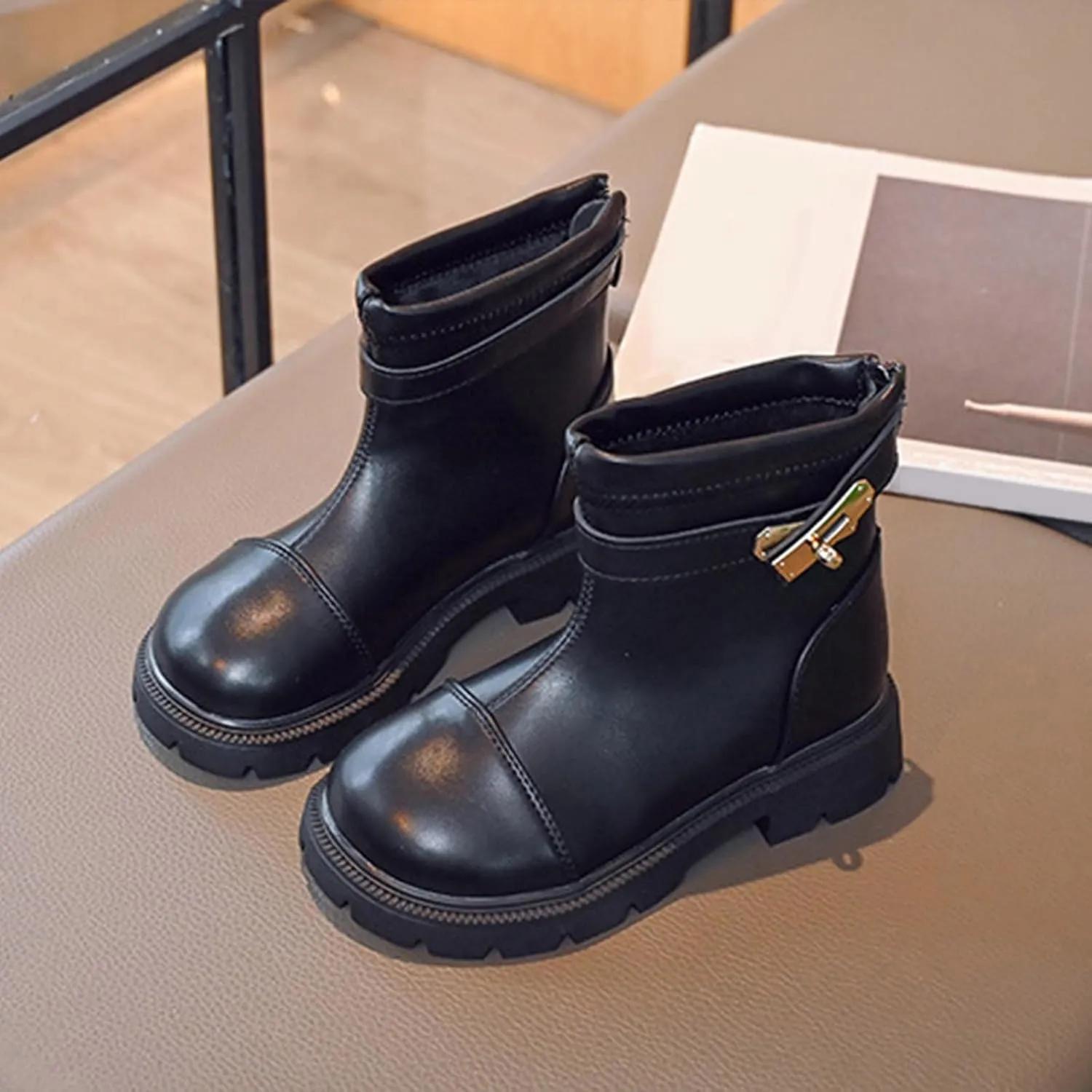 Fashion Winter Children Ankle Boots Boys Girls Thick Bottom Round Toe Shoes Non Slip Zipper Warm Hiking Booties (Black, 8-9 Years Little Child)