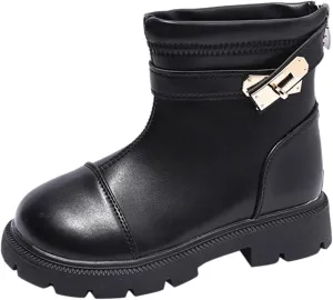 Fashion Winter Children Ankle Boots Boys Girls Thick Bottom Round Toe Shoes Non Slip Zipper Warm Hiking Booties (Black, 8-9 Years Little Child)