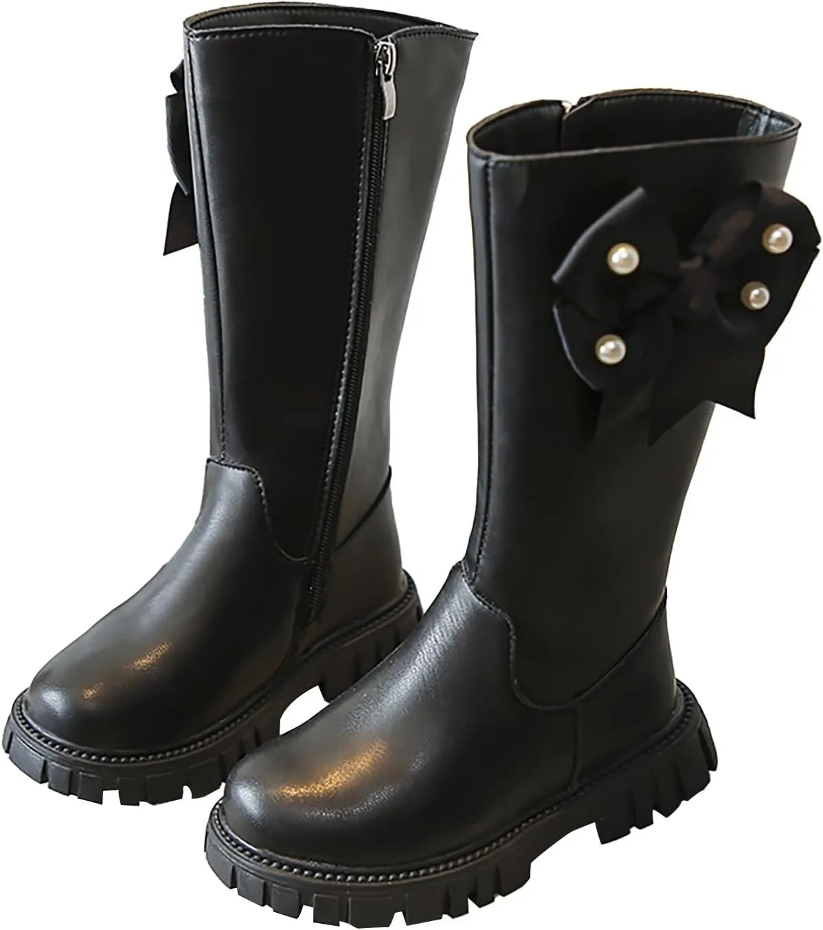 Girls Kids Bow Leather Boots Mid Length Side Zipper aterproof Shoes Outdoor Dress Dance Non Slip Boots Soft Comfy