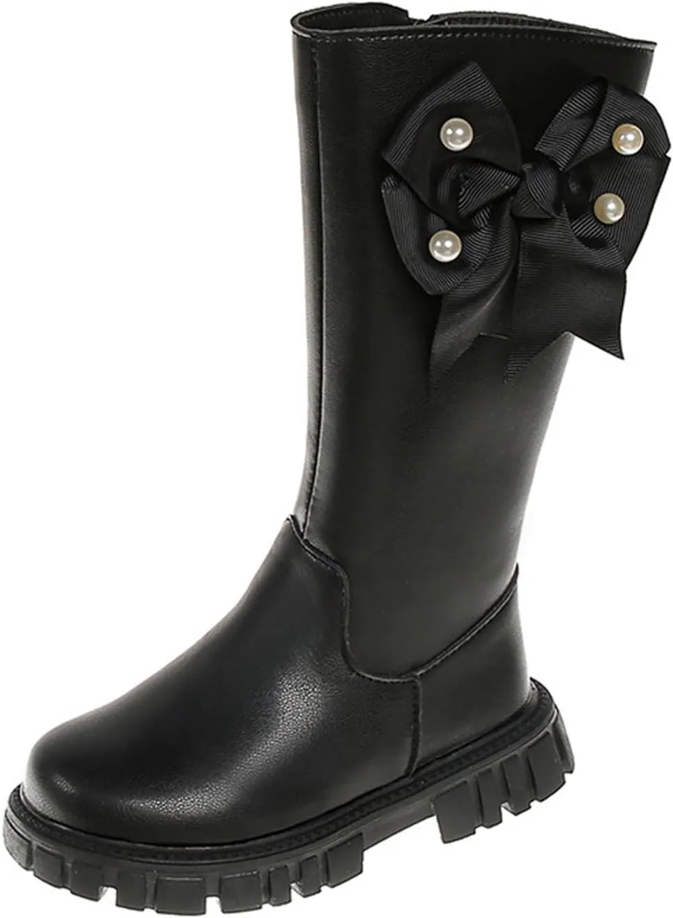 Girls Kids Bow Leather Boots Mid Length Side Zipper aterproof Shoes Outdoor Dress Dance Non Slip Boots Soft Comfy