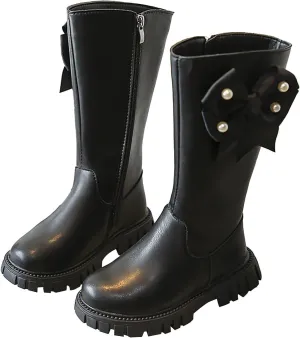 Girls Kids Bow Leather Boots Mid Length Side Zipper aterproof Shoes Outdoor Dress Dance Non Slip Boots Soft Comfy