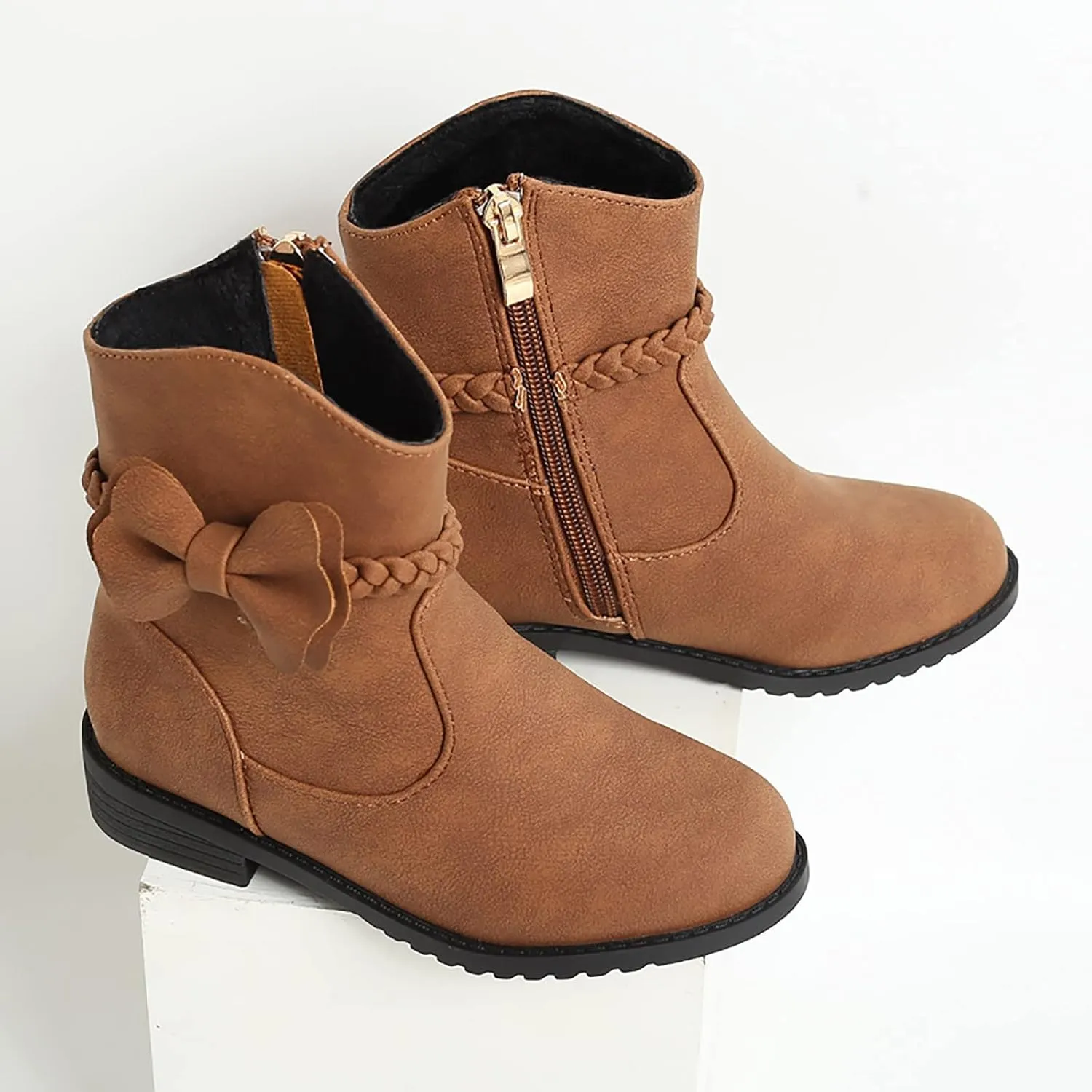 Girls Leather PU Boots Toddler Kids Bow Ankle Boots Side Zipper Booties Girls Short Suede Hiking Low Heels