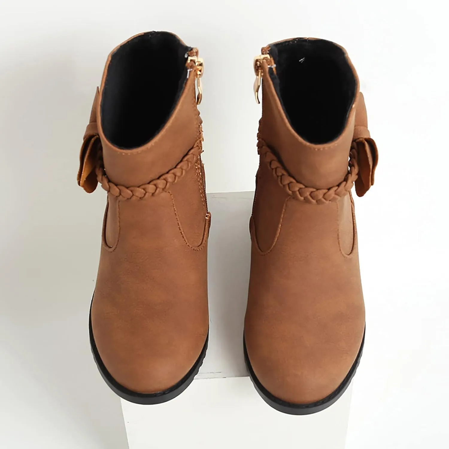 Girls Leather PU Boots Toddler Kids Bow Ankle Boots Side Zipper Booties Girls Short Suede Hiking Low Heels