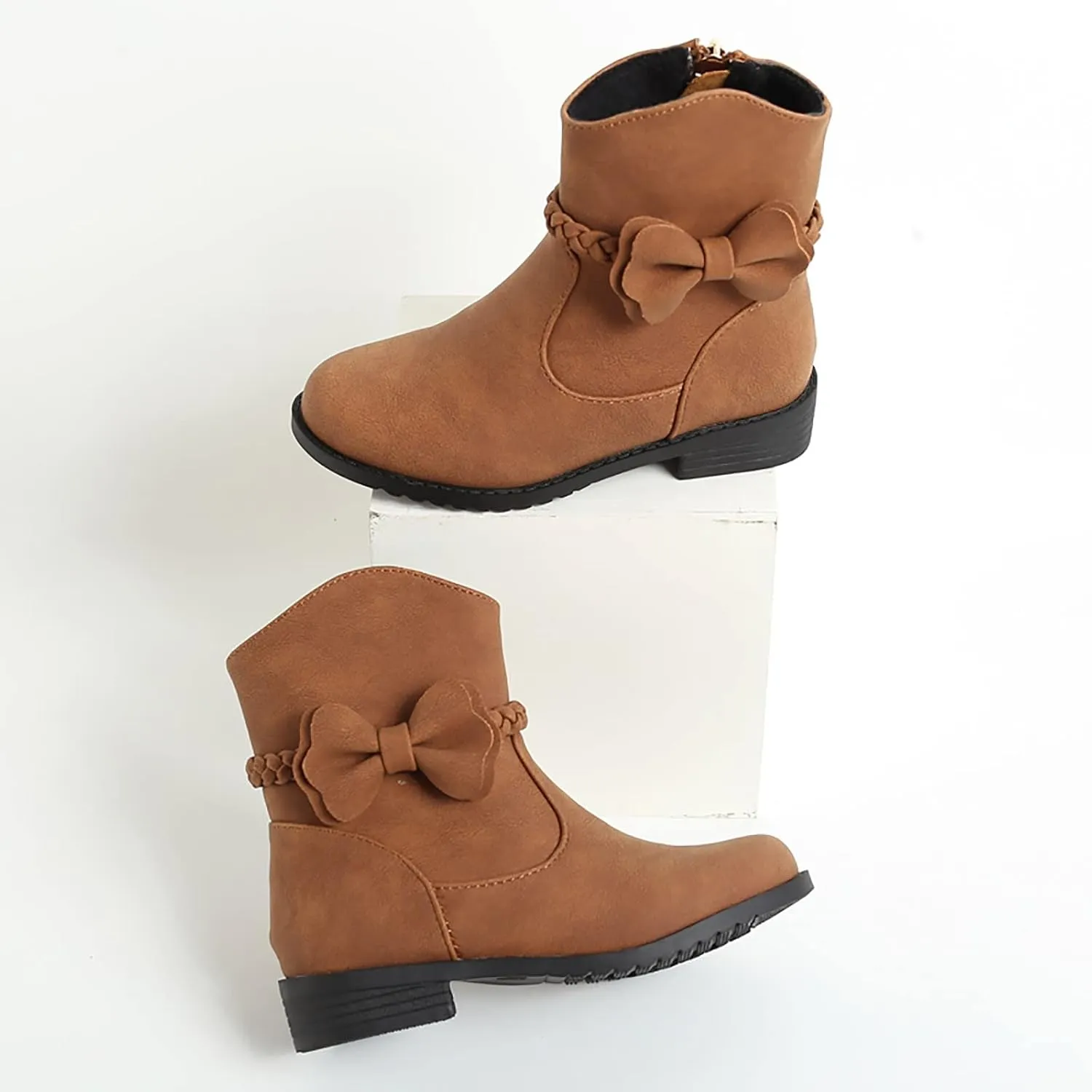 Girls Leather PU Boots Toddler Kids Bow Ankle Boots Side Zipper Booties Girls Short Suede Hiking Low Heels