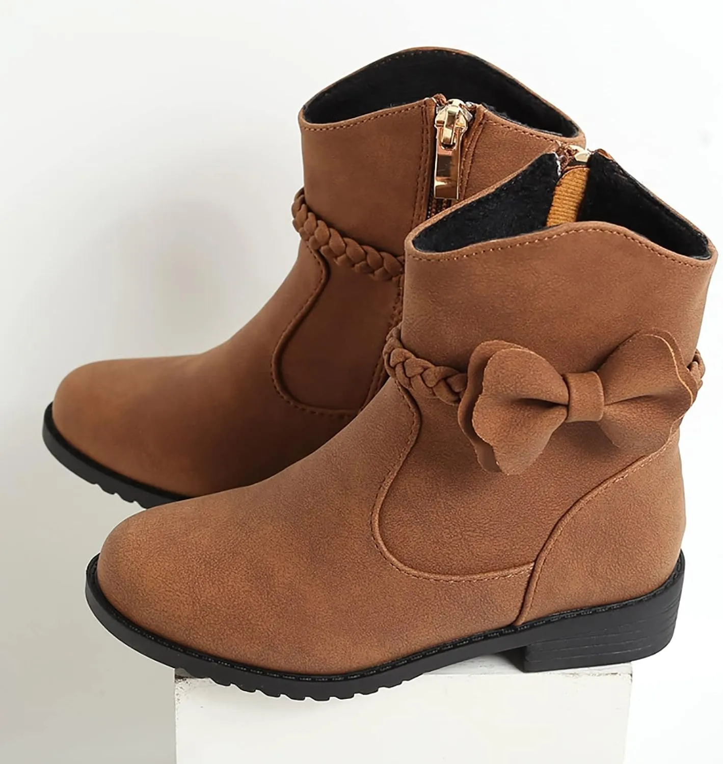 Girls Leather PU Boots Toddler Kids Bow Ankle Boots Side Zipper Booties Girls Short Suede Hiking Low Heels