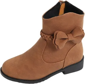 Girls Leather PU Boots Toddler Kids Bow Ankle Boots Side Zipper Booties Girls Short Suede Hiking Low Heels