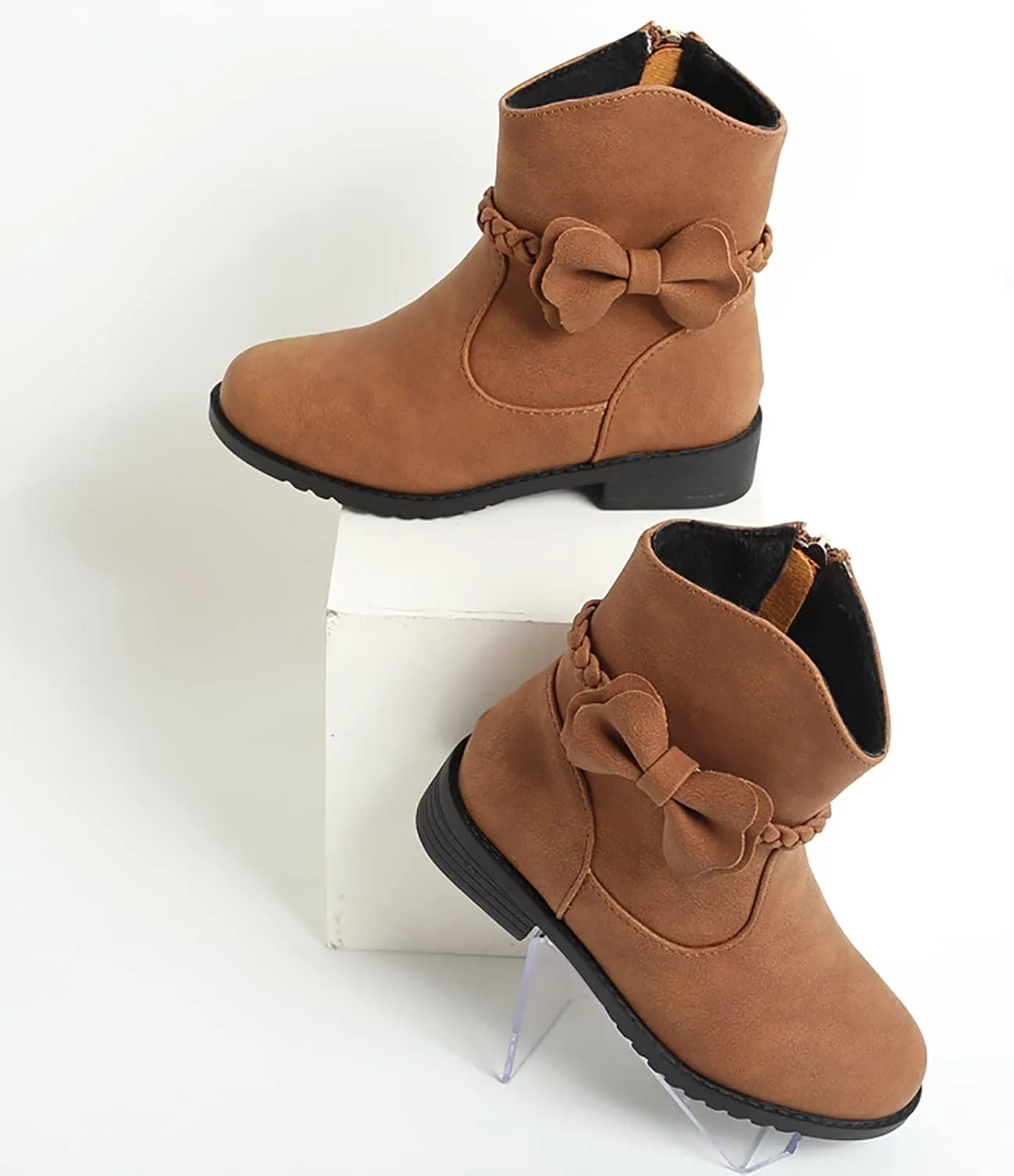 Girls Leather PU Boots Toddler Kids Bow Ankle Boots Side Zipper Booties Girls Short Suede Hiking Low Heels