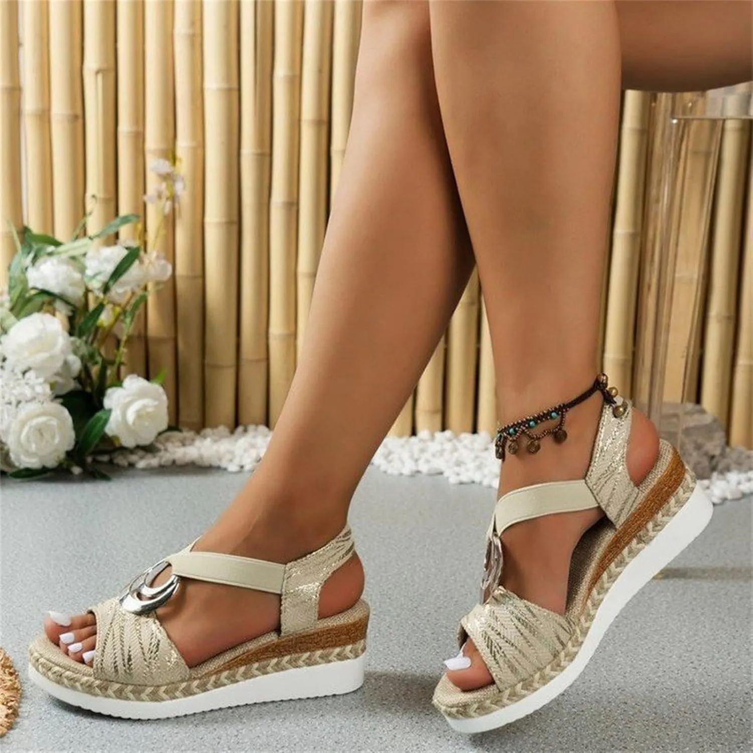Ladmiple Summer Sandals for Women 2023 Platform Slip On Strappy Wedge Sandals Open Toe Casual Comfy Beach Mid Heel Shoes