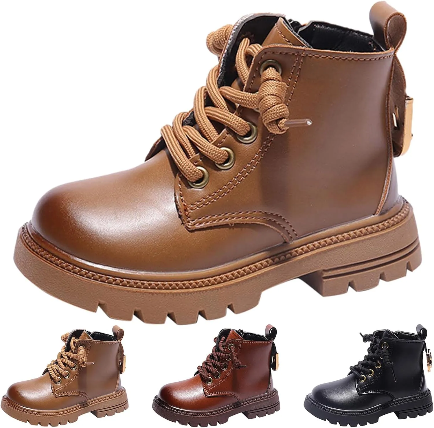 Winter Children Boots Boys Girls Ankle Boots Thick Sole Non Slip Side Zipper Lace Up Casual Hiking Bootie Shoes (Brown, 6-7 Years Little Child)