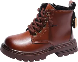 Winter Children Boots Boys Girls Ankle Boots Thick Sole Non Slip Side Zipper Lace Up Casual Hiking Bootie Shoes (Brown, 6-7 Years Little Child)