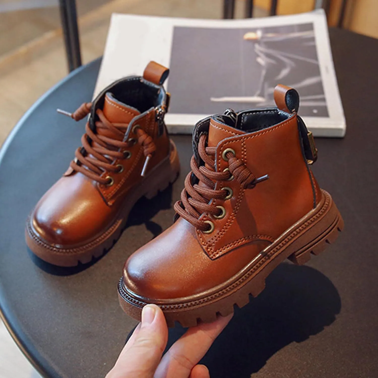 Winter Children Boots Boys Girls Ankle Boots Thick Sole Non Slip Side Zipper Lace Up Casual Hiking Bootie Shoes (Brown, 6-7 Years Little Child)