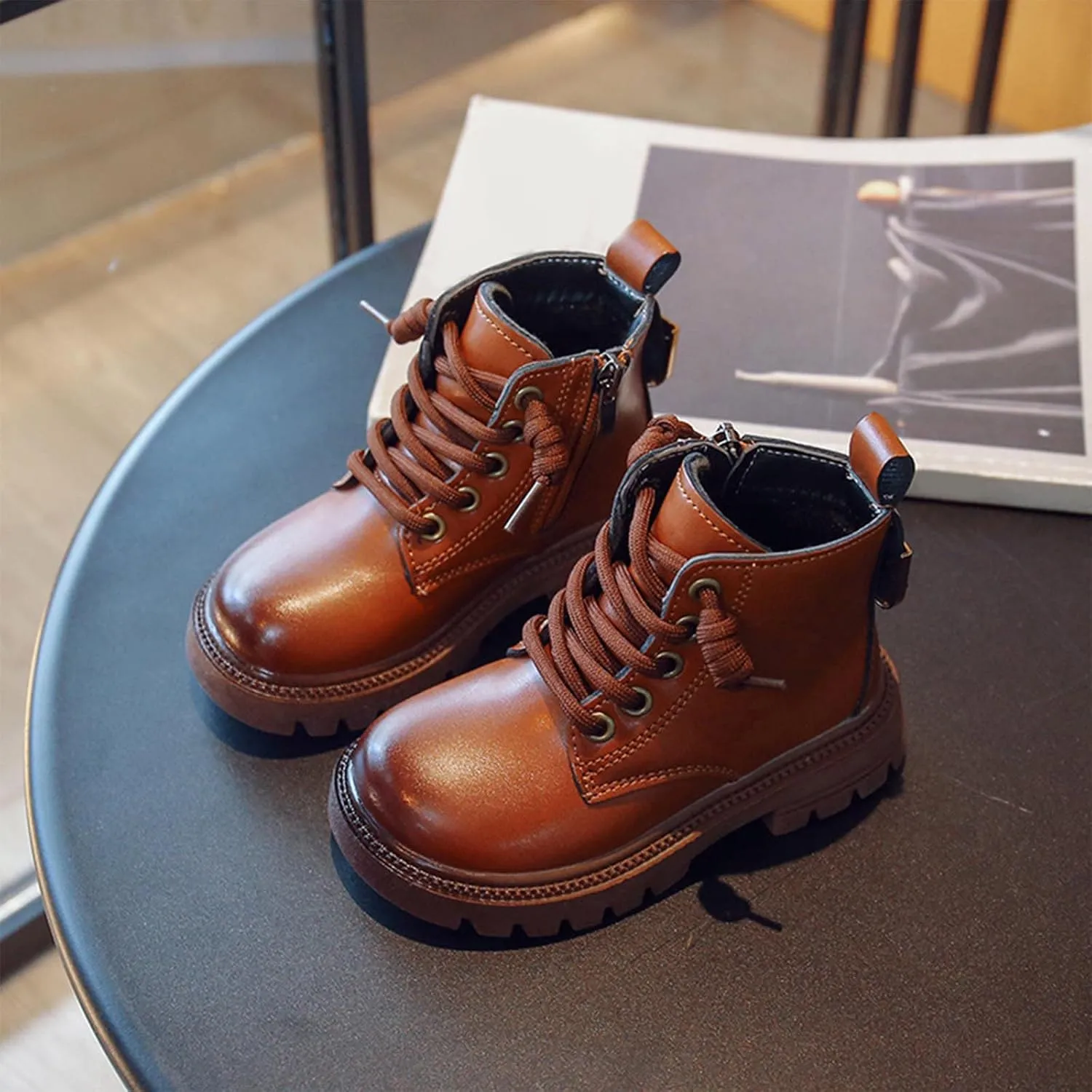 Winter Children Boots Boys Girls Ankle Boots Thick Sole Non Slip Side Zipper Lace Up Casual Hiking Bootie Shoes (Brown, 6-7 Years Little Child)