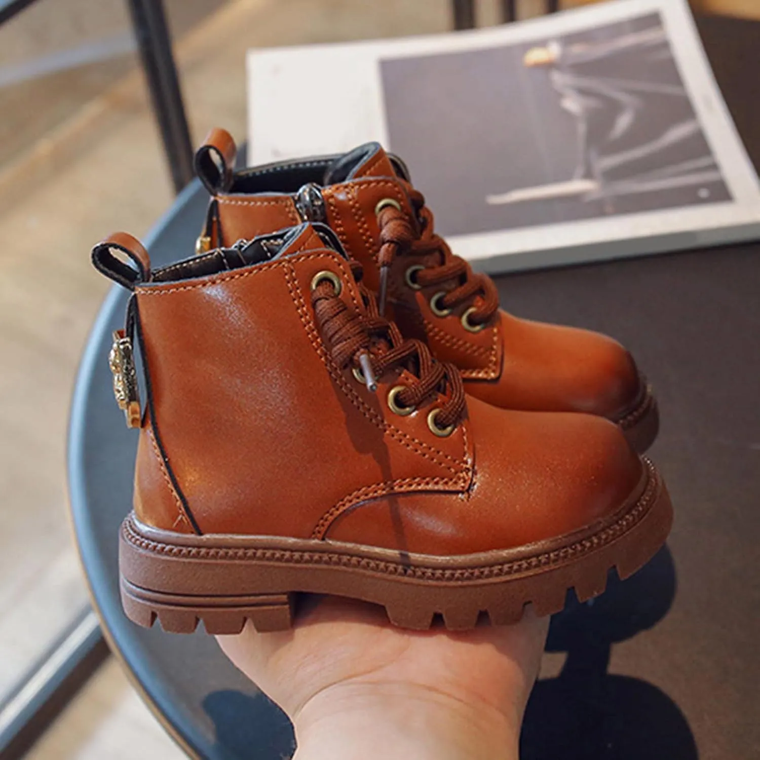 Winter Children Boots Boys Girls Ankle Boots Thick Sole Non Slip Side Zipper Lace Up Casual Hiking Bootie Shoes (Brown, 6-7 Years Little Child)