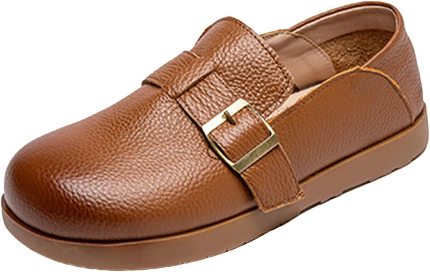 Women's Casual Leather Slip On Shoes,Vintage Comfortable Round Toe Soft Sole Buckle Dressy Trendy Flat Walking Loafers