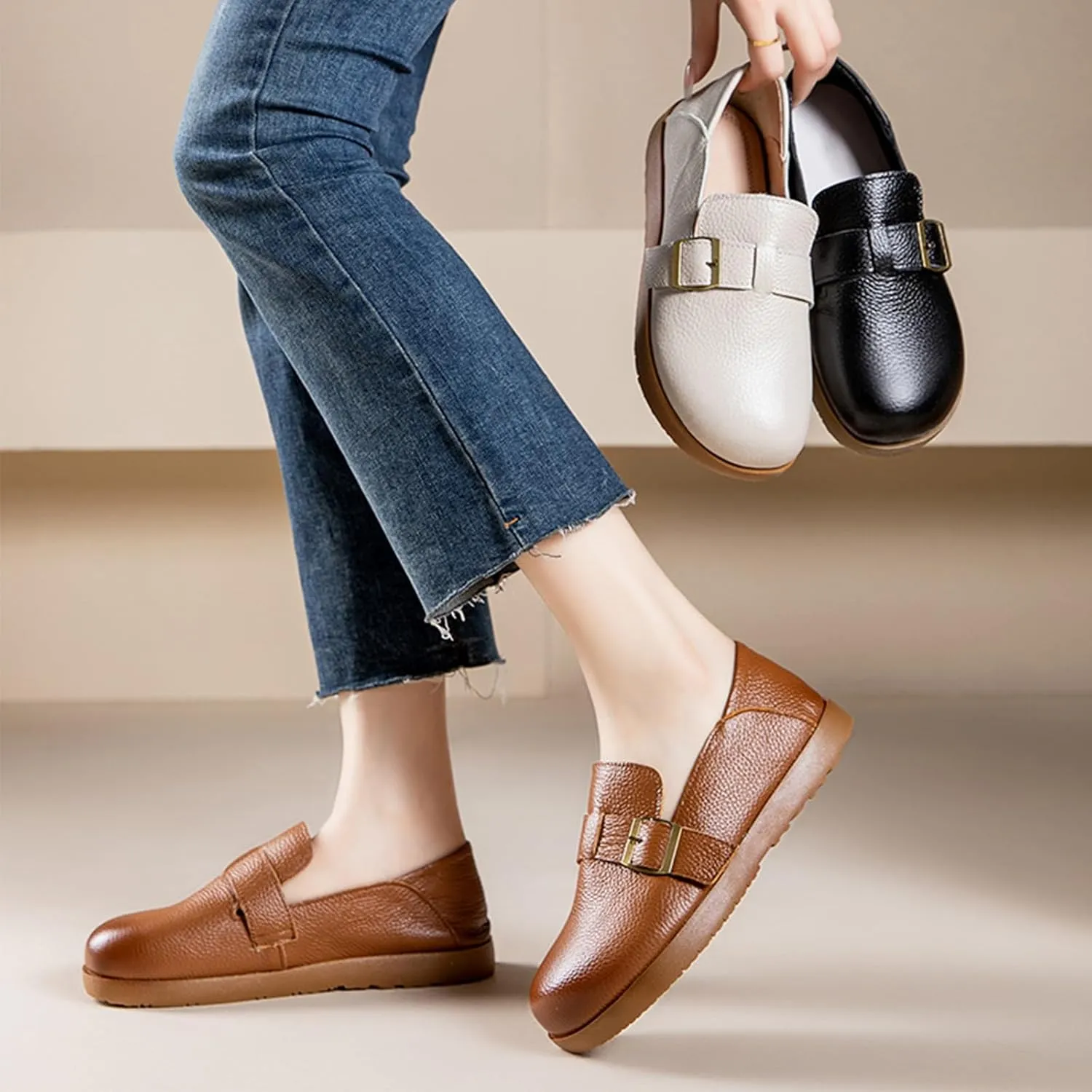 Women's Casual Leather Slip On Shoes,Vintage Comfortable Round Toe Soft Sole Buckle Dressy Trendy Flat Walking Loafers