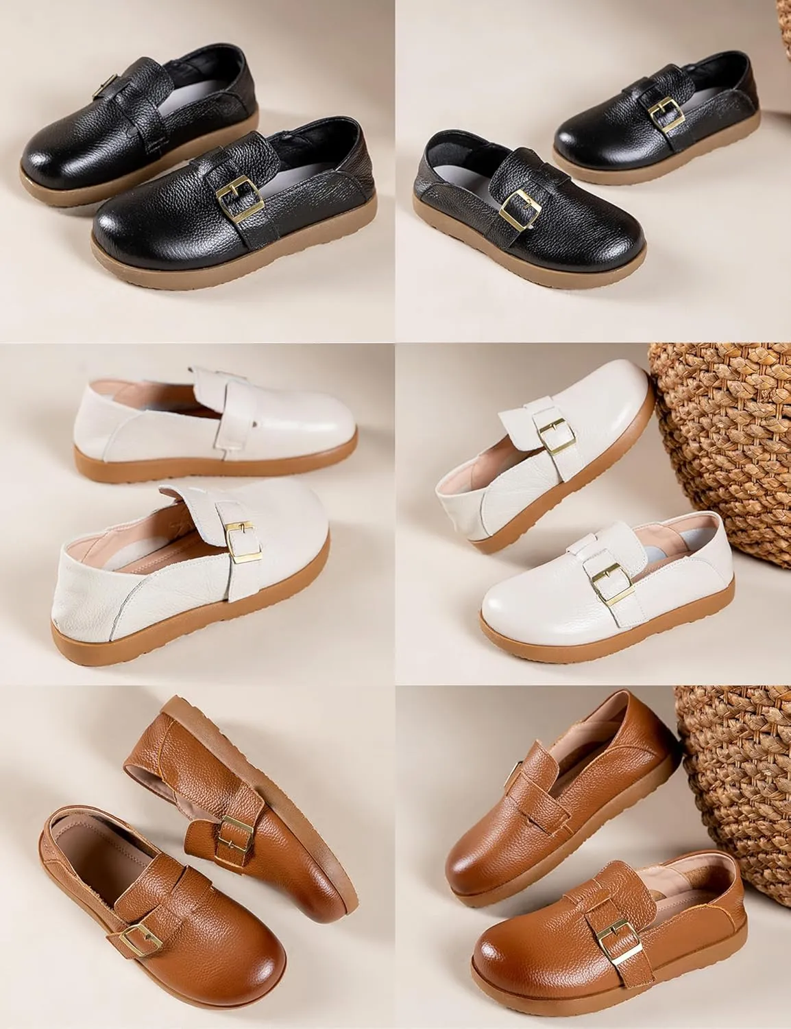 Women's Casual Leather Slip On Shoes,Vintage Comfortable Round Toe Soft Sole Buckle Dressy Trendy Flat Walking Loafers