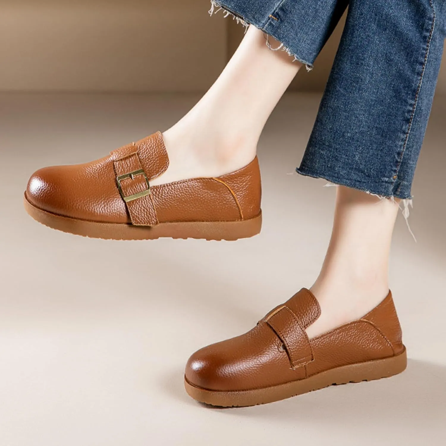 Women's Casual Leather Slip On Shoes,Vintage Comfortable Round Toe Soft Sole Buckle Dressy Trendy Flat Walking Loafers