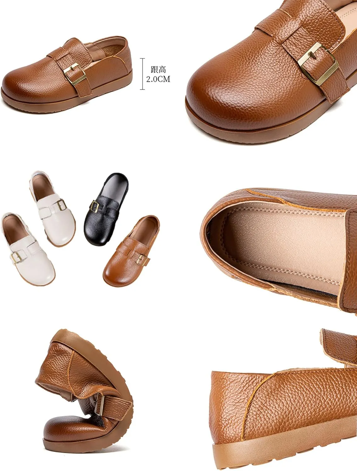 Women's Casual Leather Slip On Shoes,Vintage Comfortable Round Toe Soft Sole Buckle Dressy Trendy Flat Walking Loafers