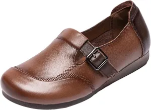 Women's Vintage Casual Leather Shoes,Comfortable Round Toe Hook & Loop Buckle Dressy & Trendy Walking Flat Loafers