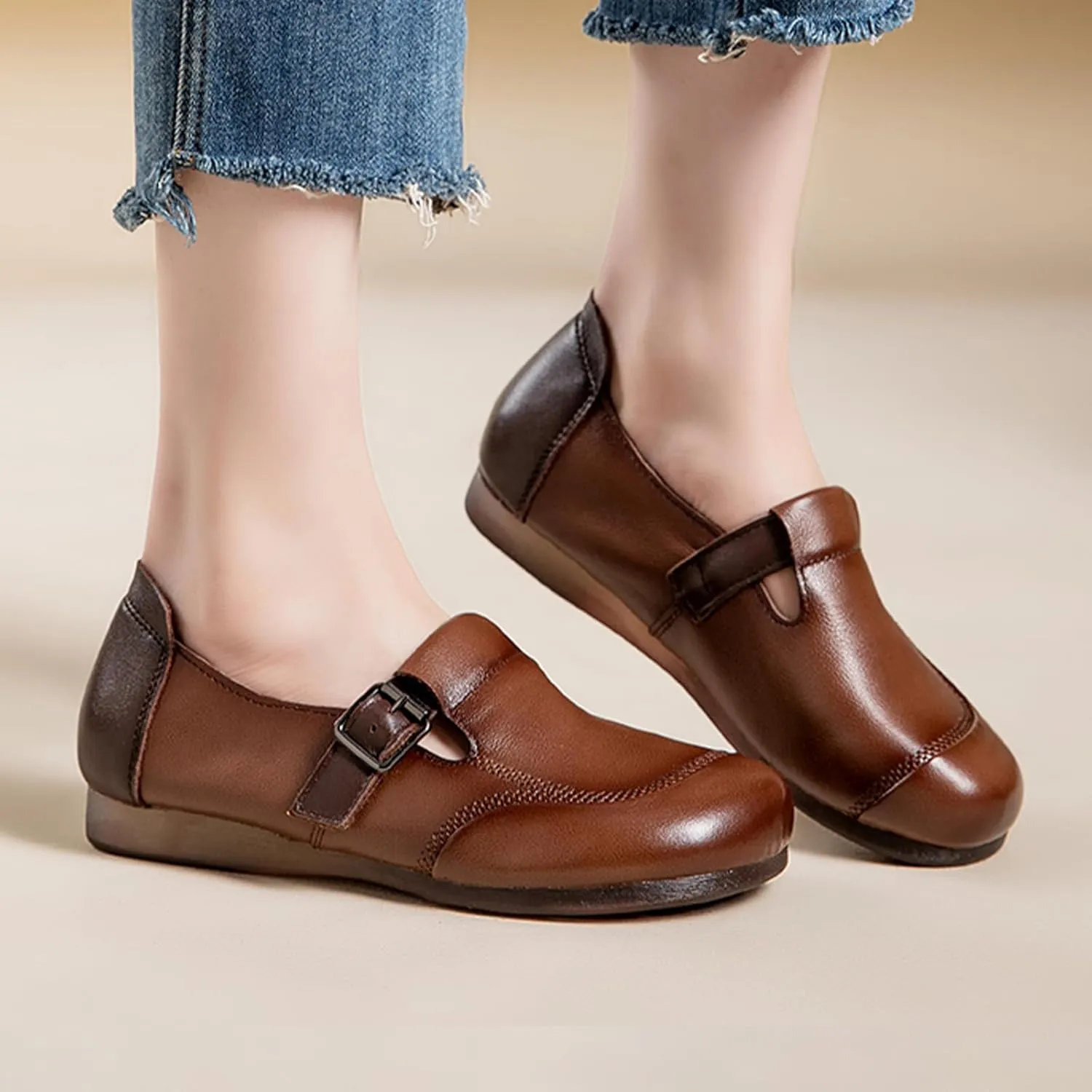 Women's Vintage Casual Leather Shoes,Comfortable Round Toe Hook & Loop Buckle Dressy & Trendy Walking Flat Loafers