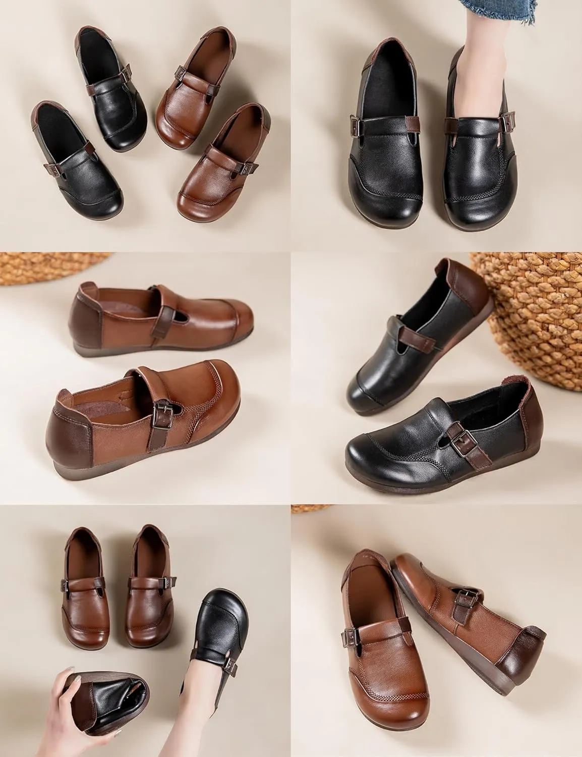 Women's Vintage Casual Leather Shoes,Comfortable Round Toe Hook & Loop Buckle Dressy & Trendy Walking Flat Loafers