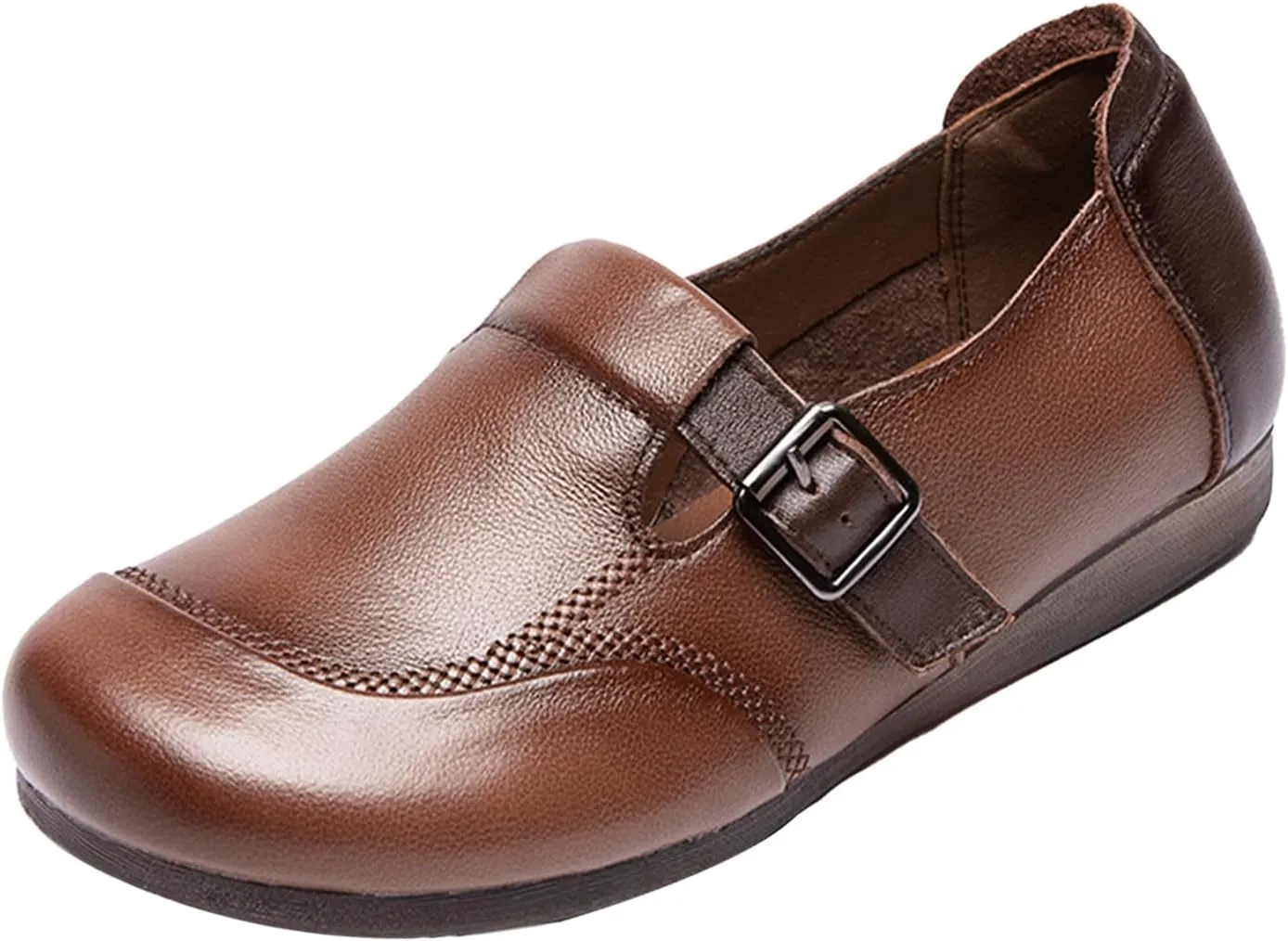 Women's Vintage Casual Leather Shoes,Comfortable Round Toe Hook & Loop Buckle Dressy & Trendy Walking Flat Loafers
