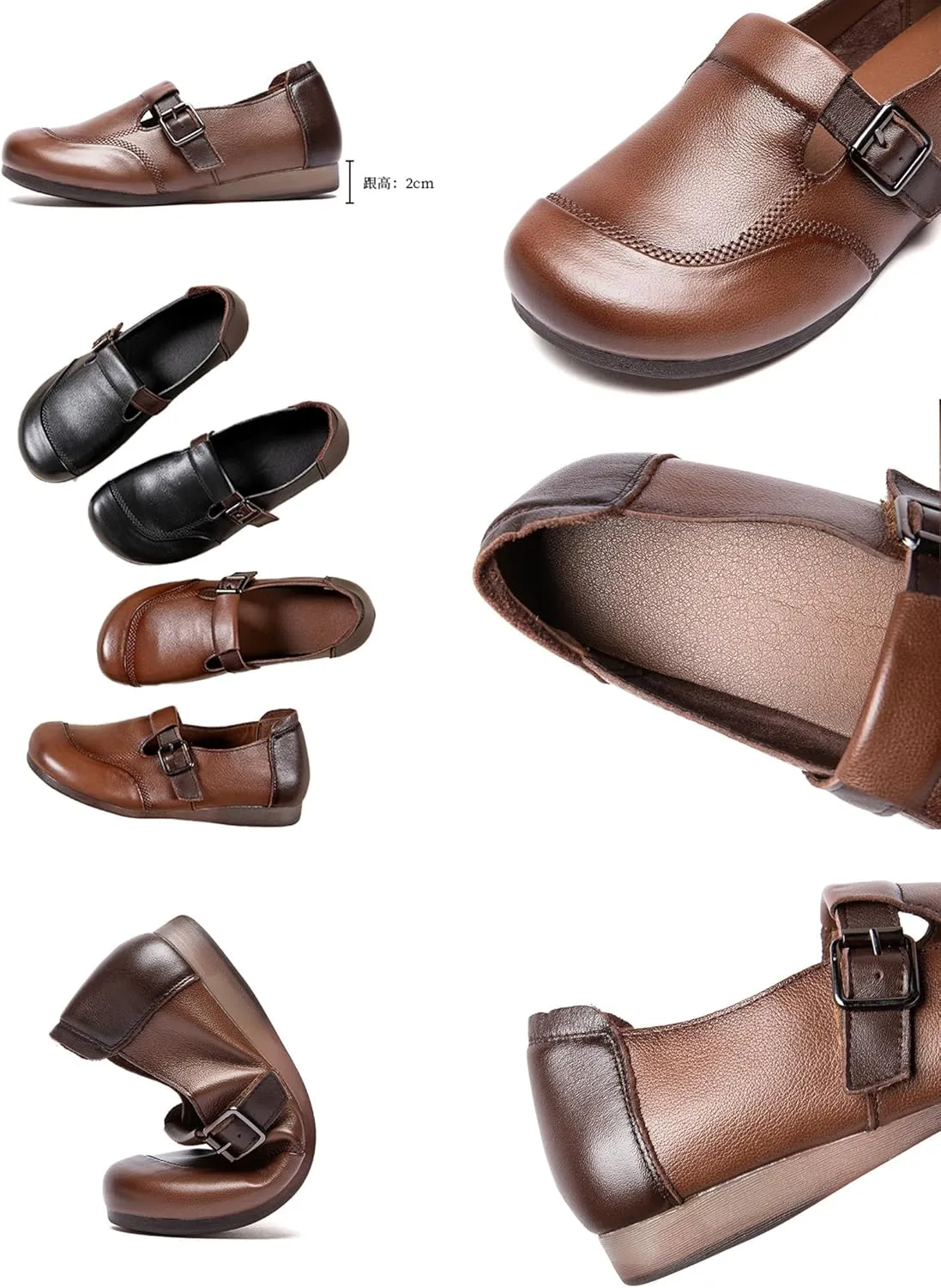 Women's Vintage Casual Leather Shoes,Comfortable Round Toe Hook & Loop Buckle Dressy & Trendy Walking Flat Loafers